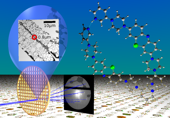 Simplified illustration of structure determination using electron diffraction and a molecular structure determined with this method.