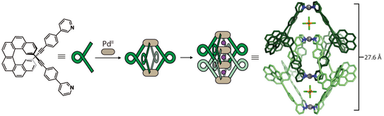 Highlight Publications 2019-03 Schematic representation of a chiral helicene-based bis-monodentate ligand that assembles upon palladium addition into an interpenetrated coordination cage.