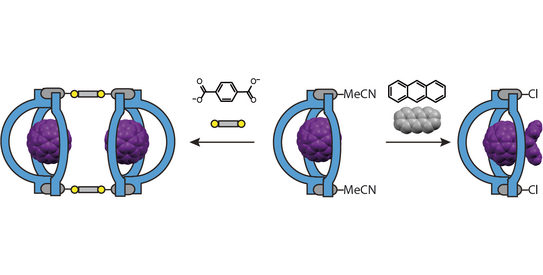 Schematic representation of a bowl-shaped coordination compound that binds fullerene and acts as a supramolecular protecting group to control functionalization.