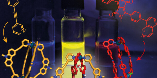 Chromophore-based palladium cages showing different stacking and fluorescence behavior.