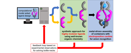 Flowchart for the design process of metal-based containers beginning with computational modeling of the containers followed by the ligand synthesis and container assembly. All steps are connected via a feedback loop to solve bottlenecks.