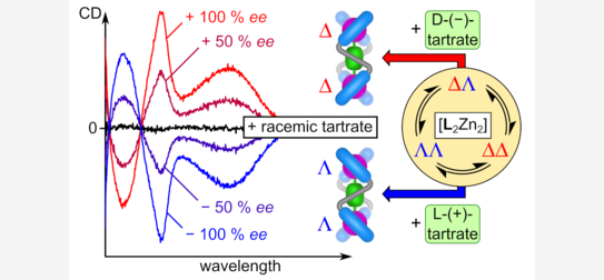 Picture showing the stereodynamic behavior of an aryl-triazole-based charge-neutral helicate and the chiroptical recognition properties towards tartrate.