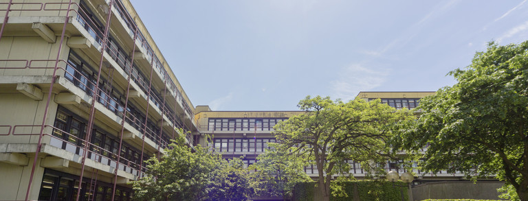 The chemistry building with green trees in front of it