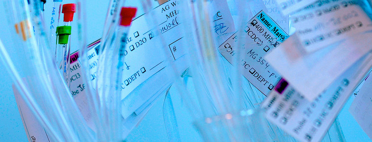 Glass tubes with colored lids to which slips of paper are attached stand in beakers.